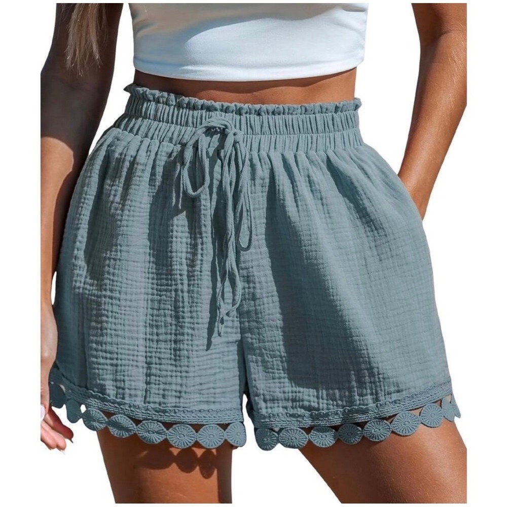Cupshe Shorts Womens Large Blue Cotton Gauze Crochet Trim Beach NEW